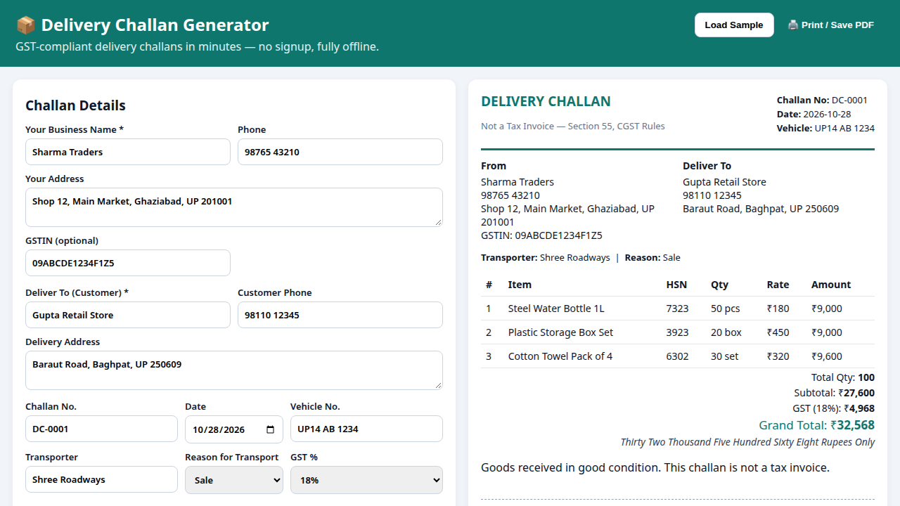 Delivery Challan Generator — GST-Ready Challan Maker for Indian Businesses (HTML/CSS/JS)