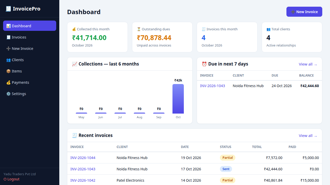 InvoicePro — GST Invoice & Client Management System (PHP + MySQL)