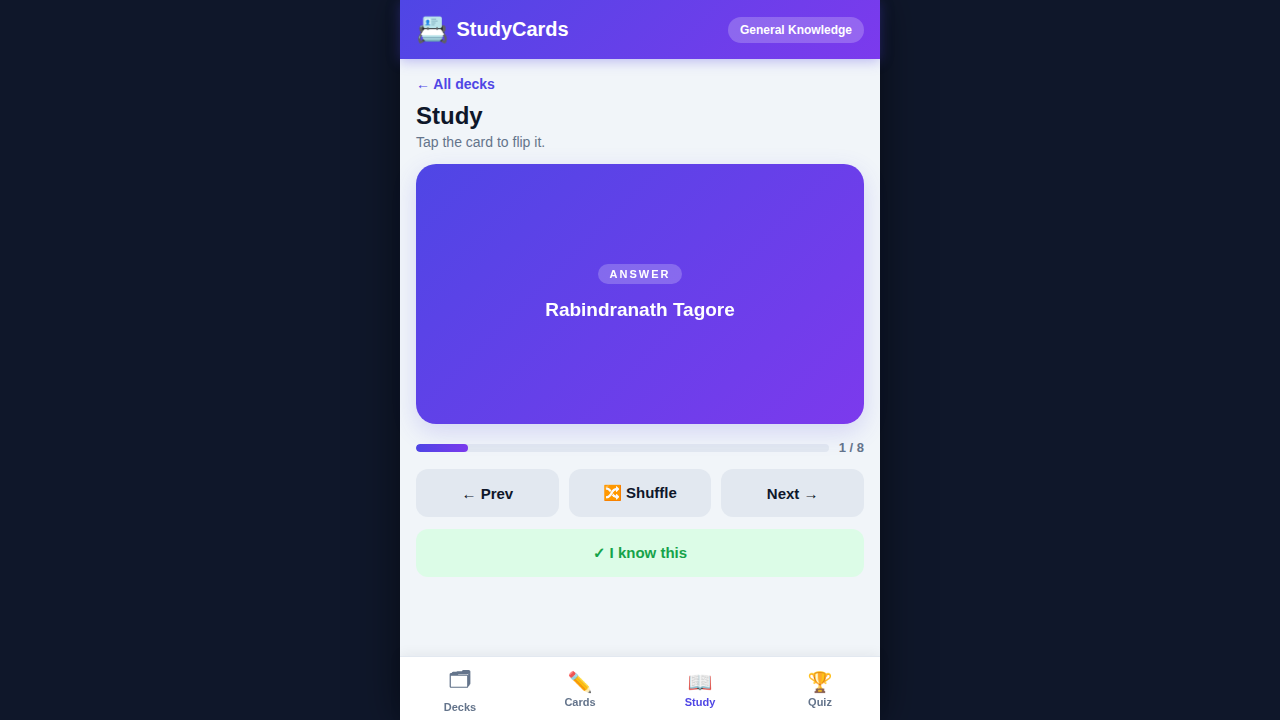 StudyCards — Mobile Flashcard Quiz App (PWA)