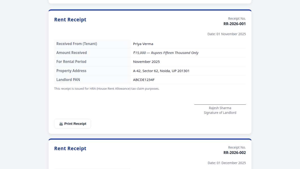 Rent Receipt Generator — Monthly Rent Receipts for HRA Claims (HTML/CSS/JS)