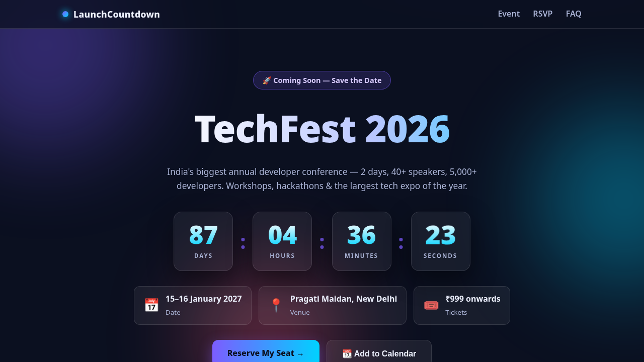 LaunchCountdown — Event Countdown Landing Page with RSVP Form (HTML/CSS/JS)
