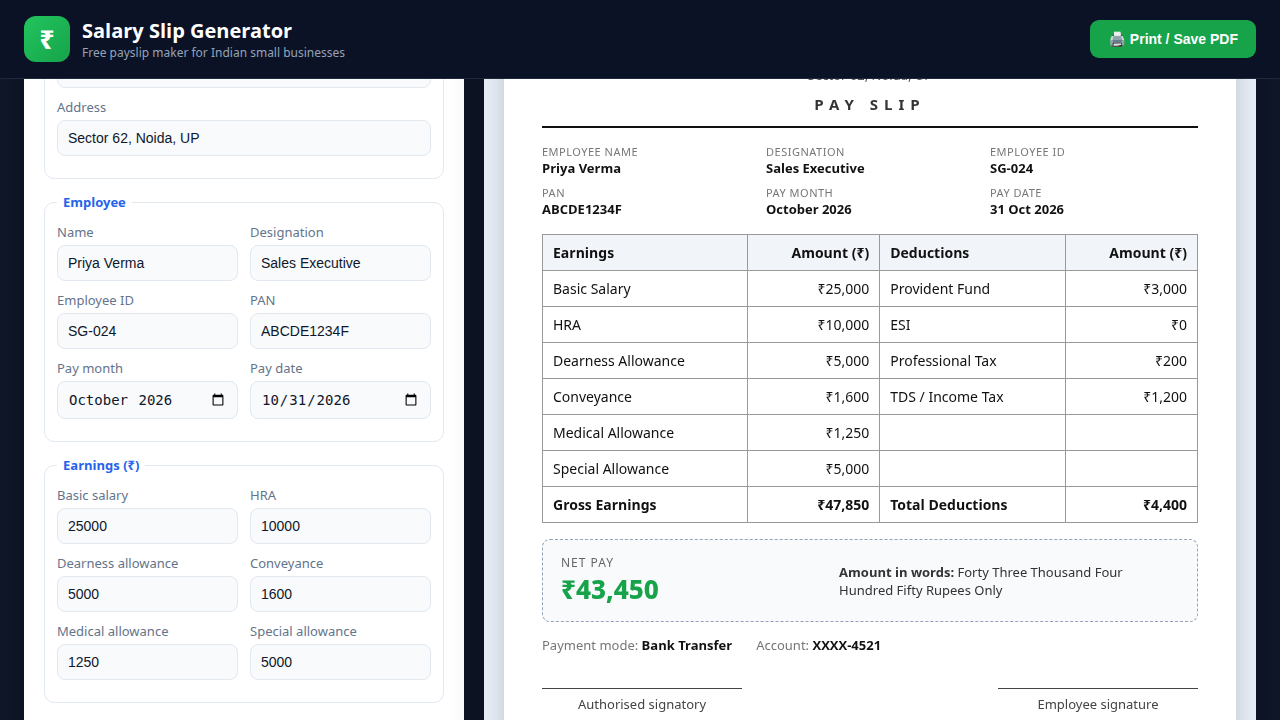 Salary Slip Generator — Free Payslip Maker with Net Pay in Words (HTML/CSS/JS)