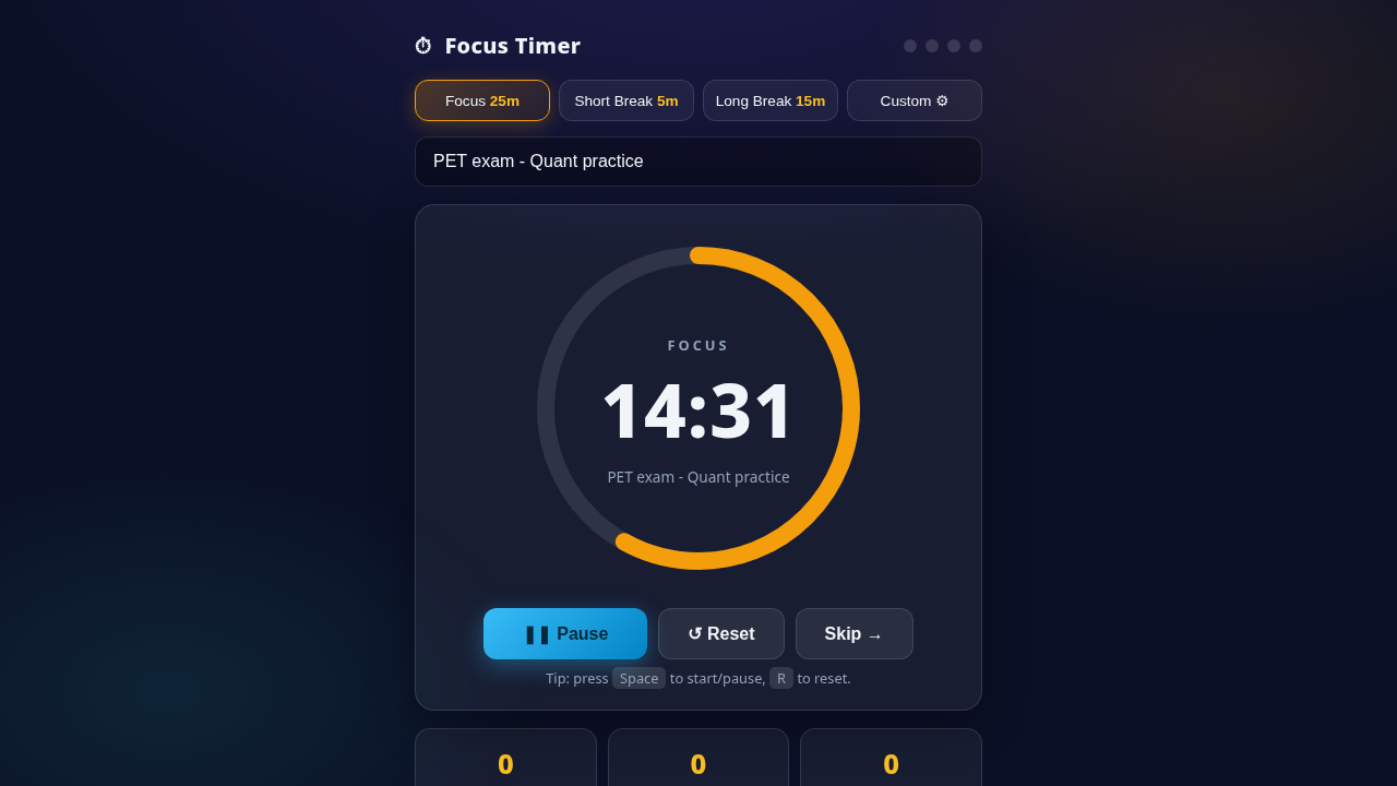 Focus Pomodoro Timer — Focus Timer with Sessions & Stats (HTML/CSS/JS)