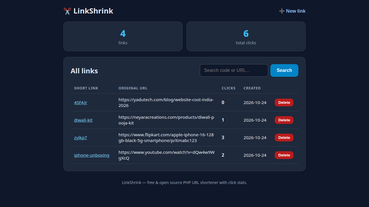 LinkShrink — PHP URL Shortener with Click Stats